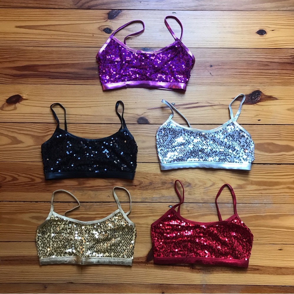 Double Platinum Performance Wear Sequin Gold Silver Red Black Purple Bras NWOT S